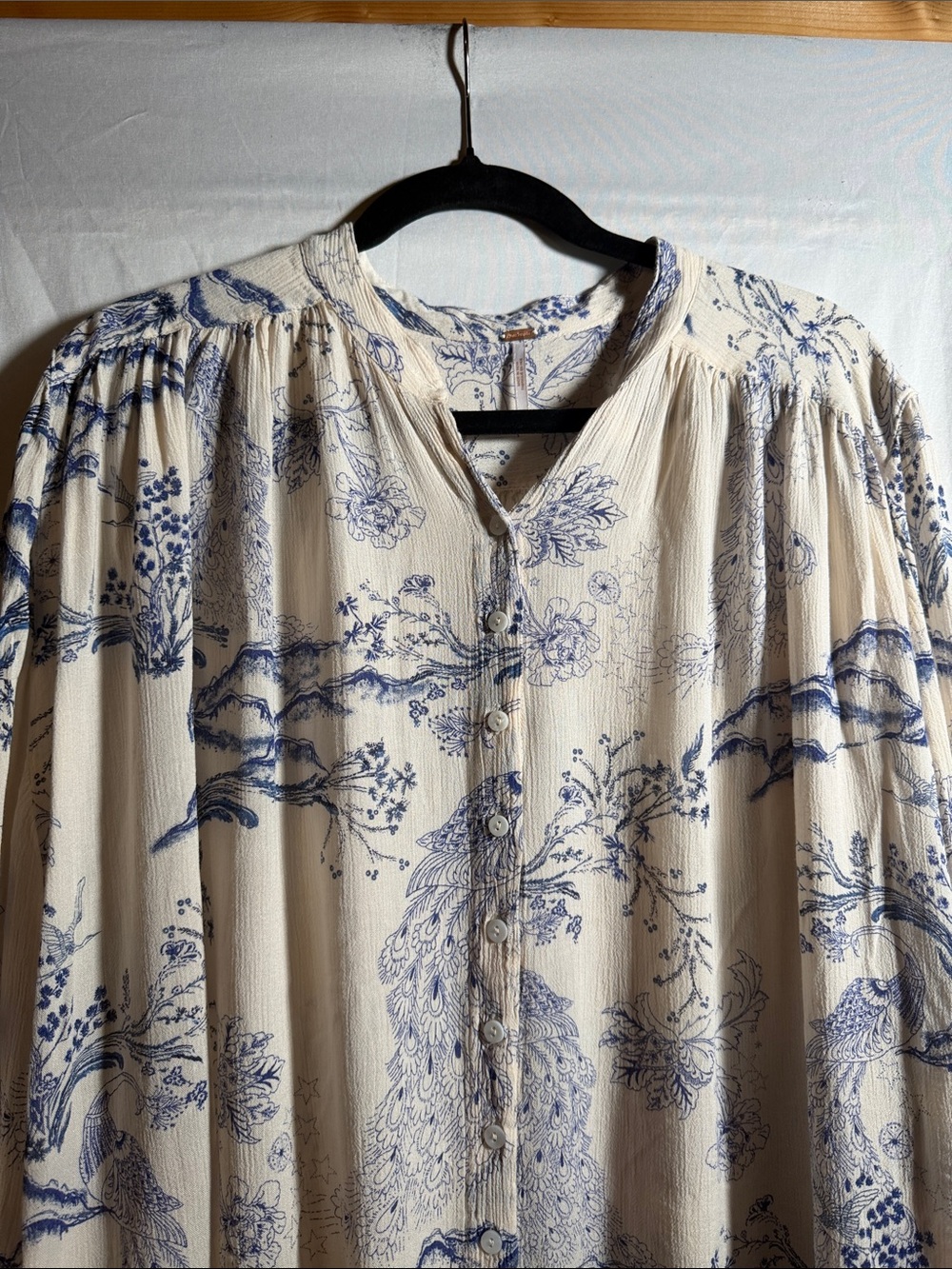 Free People Cream Button-Front Blouse with Blue Toile Motif